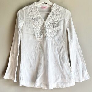 Lilly Pulitzer white gauzy pullover shirt XS cotton vneck crochet preppy flowers